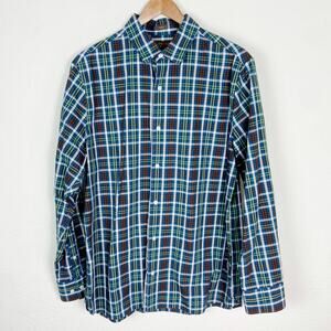 Fairlane & Sons Dress Shirt Size L Classic Fit Teal Blue Green Brown Plaid Check